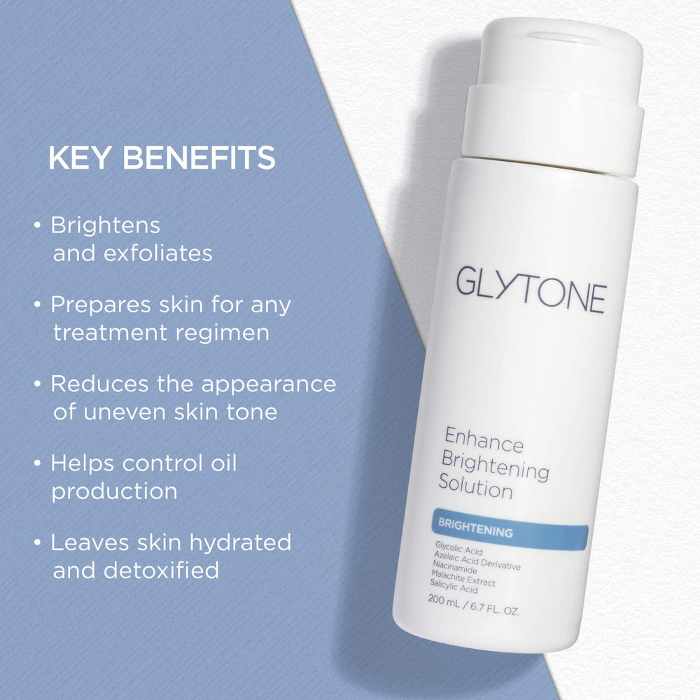 GLYTONE Enhance Brightening Solution bottle close-up highlighting premium formula.