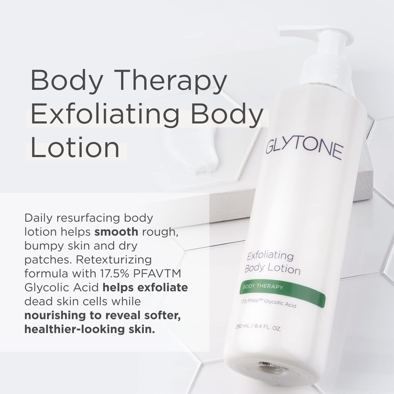 Texture close-up of GLYTONE lotion showing exfoliation and hydration benefits