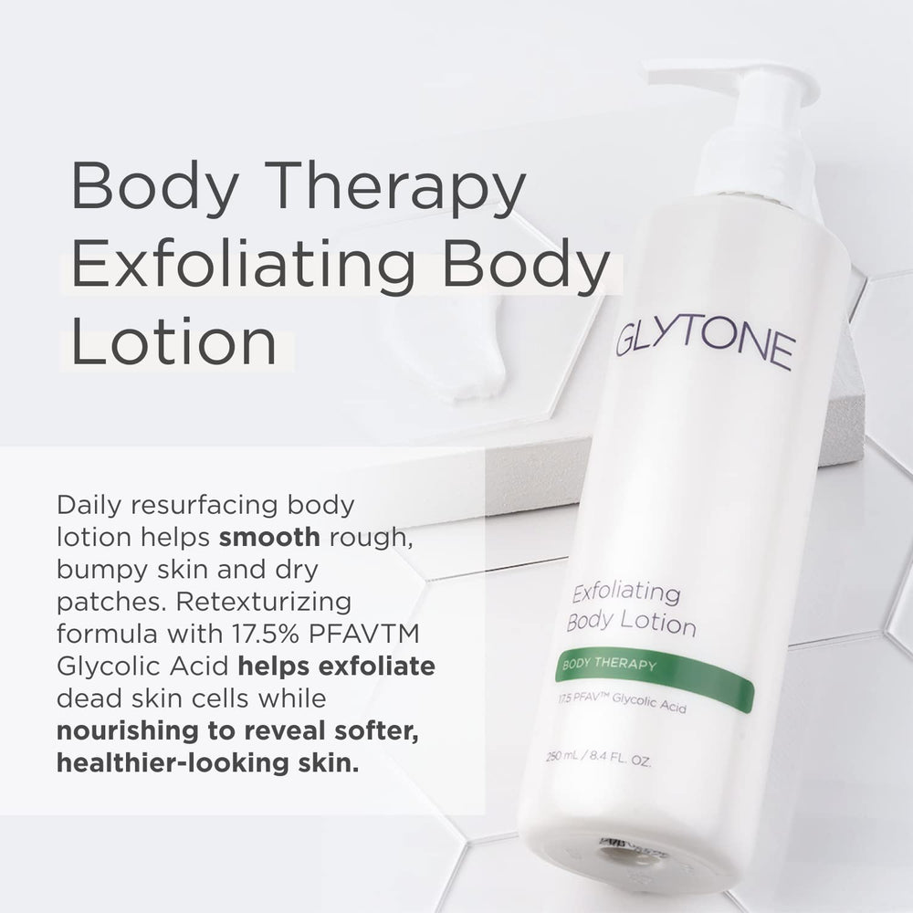 Texture close-up of GLYTONE lotion showing exfoliation and hydration benefits
