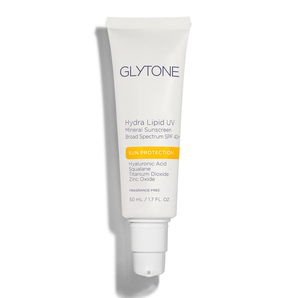 GLYTONE Hydra Lipid UV Mineral Sunscreen tube front with mineral SPF 40+.