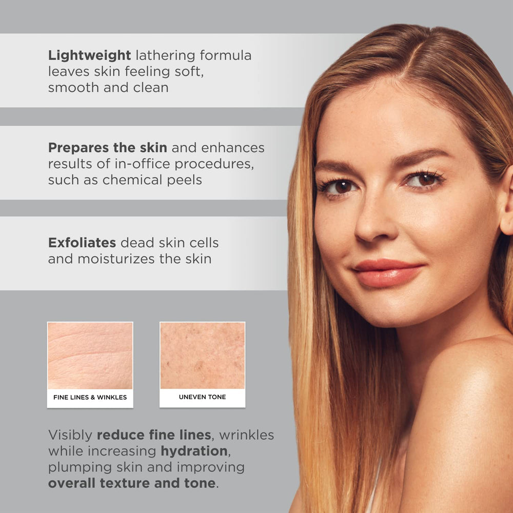 GLYTONE Mild Gel Exfoliating Cleanser shown with skincare prep for routine.