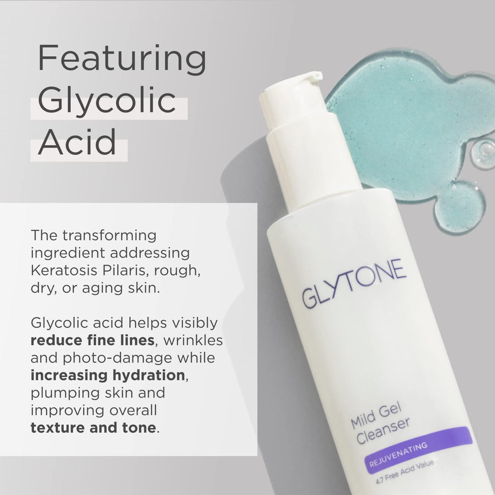 GLYTONE Mild Gel Exfoliating Cleanser pump dispenses a light gel for daily cleansing.