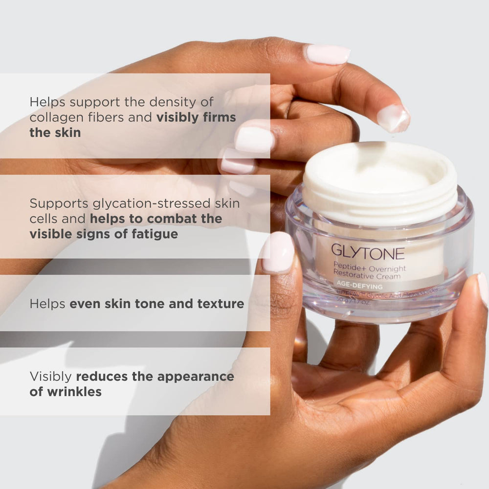 Glytone Peptide+ Overnight Restorative Cream bottle scene on a clean vanity.