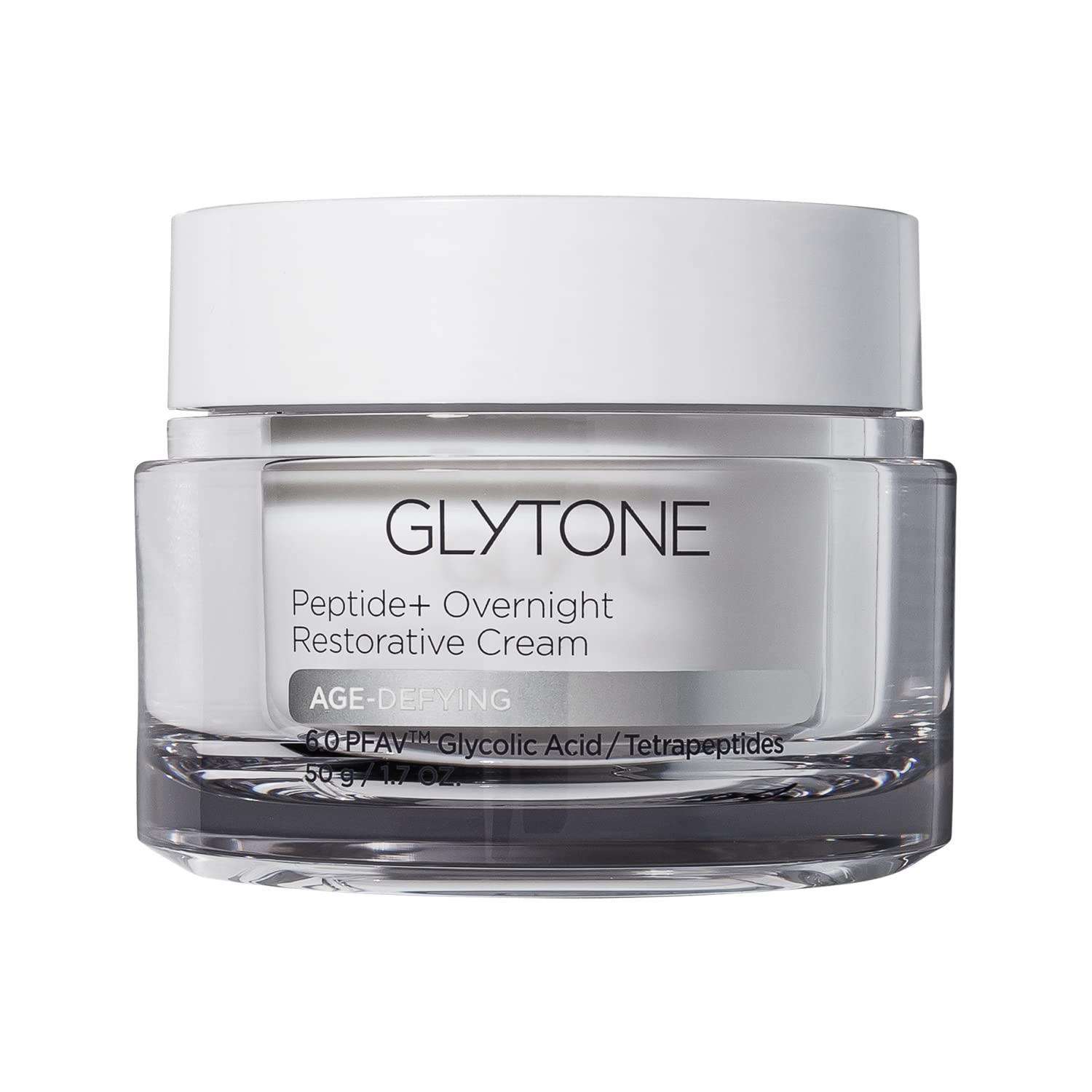 Glytone Peptide+ Overnight Restorative Cream jar closeup for rich overnight hydration.