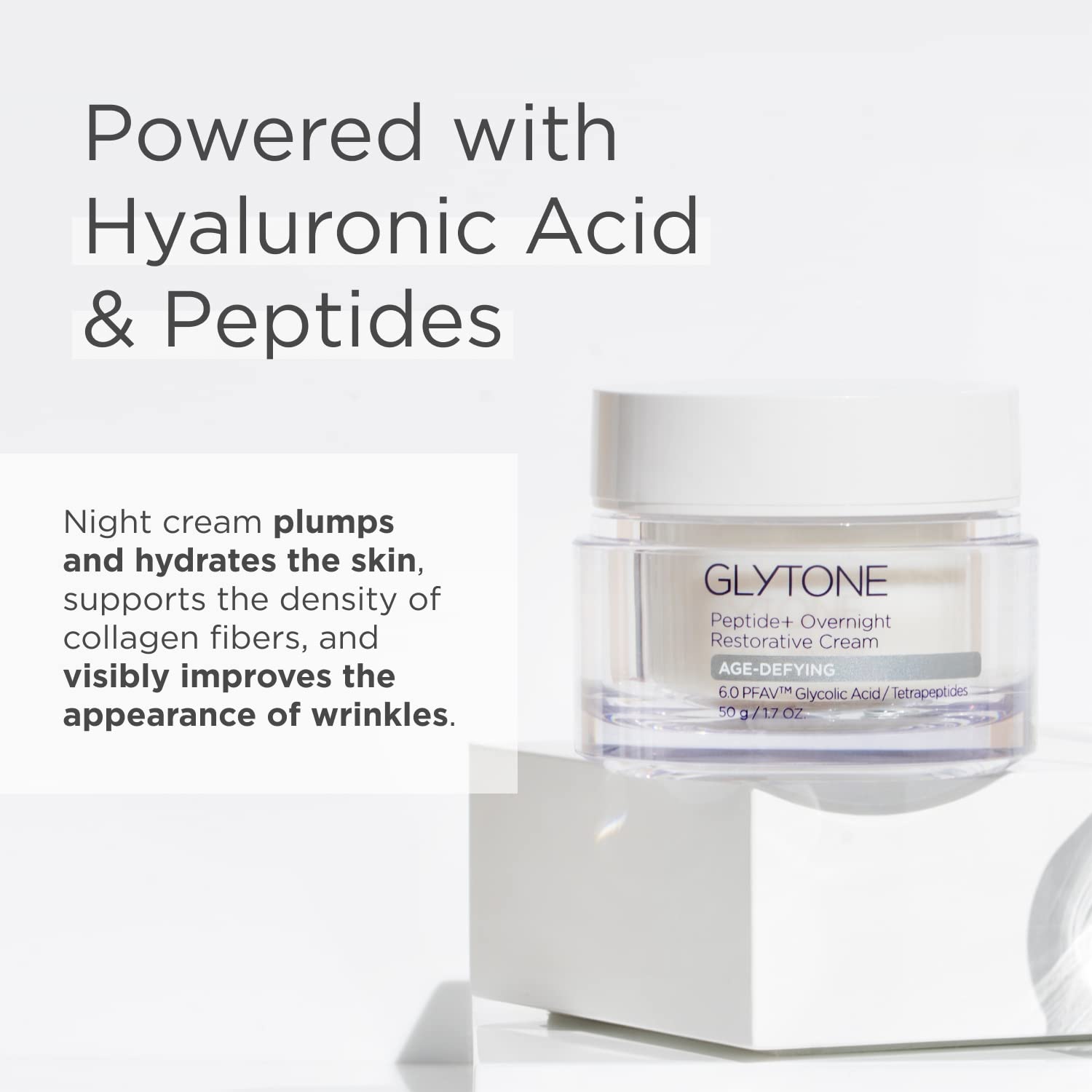 Glytone Peptide+ Overnight Restorative Cream label shot highlighting fragrance-free formula.