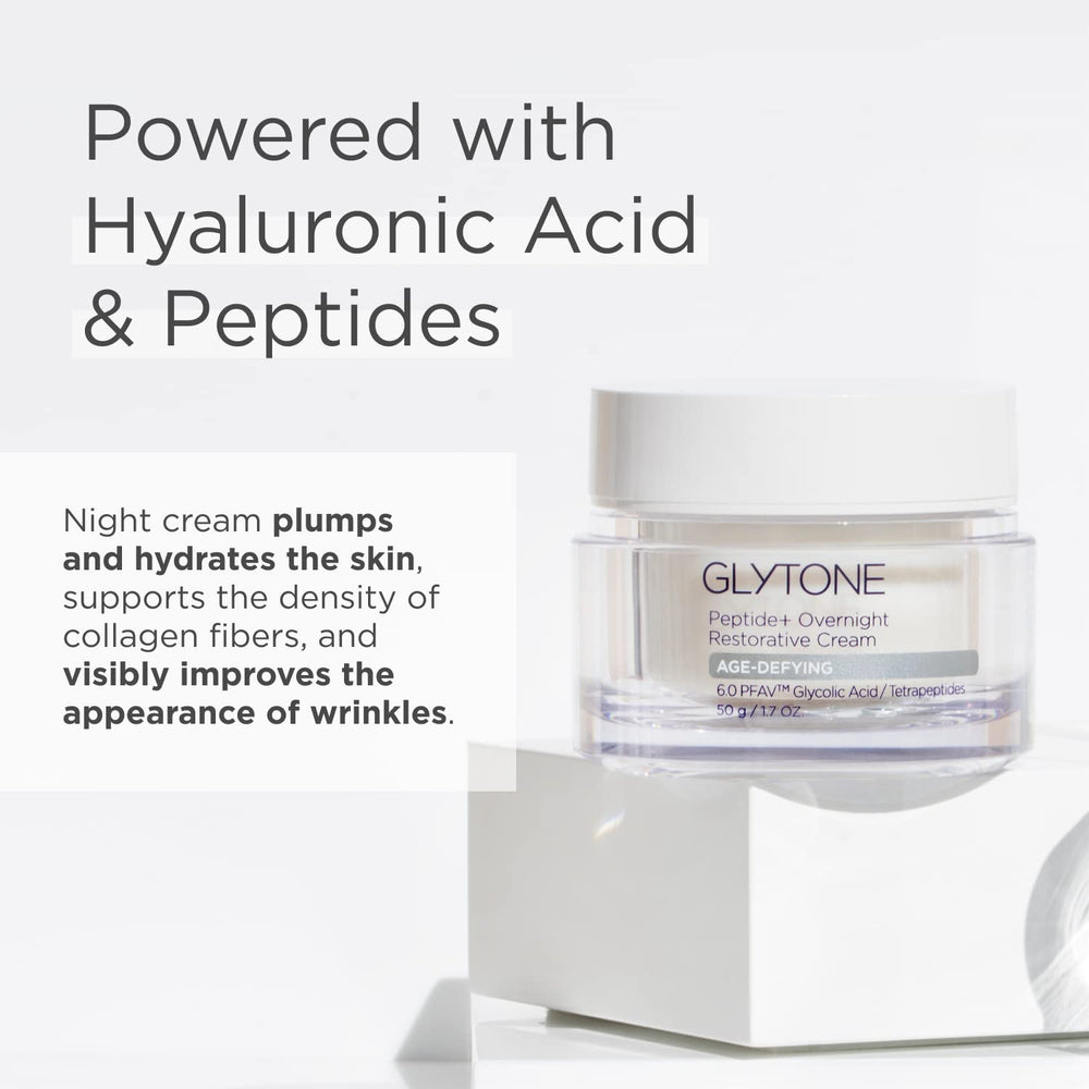 Glytone Peptide+ Overnight Restorative Cream label shot highlighting fragrance-free formula.