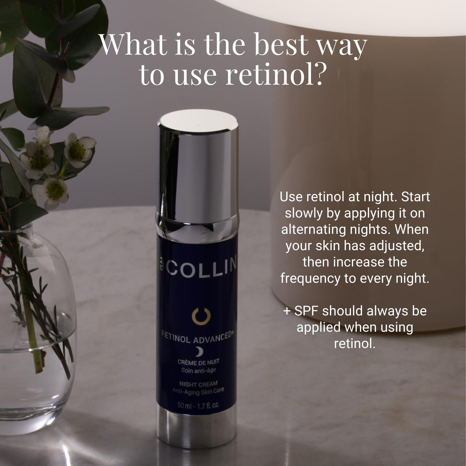 Dab of G.M. COLLIN Retinol Advanced+ Night Cream on cheek for gentle nightly application