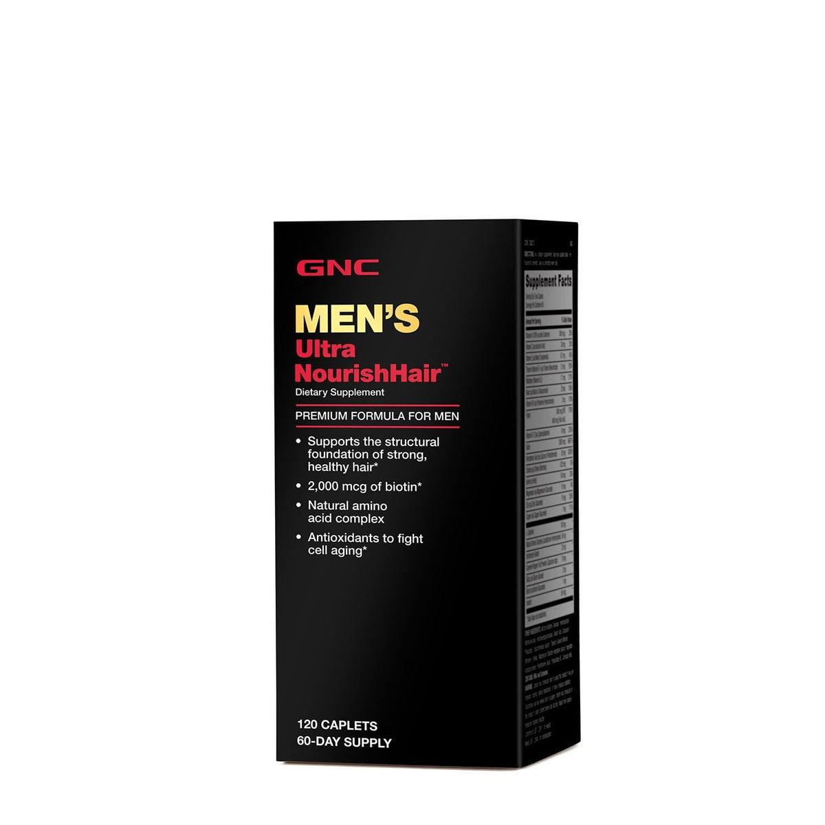 GNC Men's Ultra NourishHair bottle label highlighting hair health support
