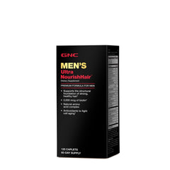 GNC Men's Ultra NourishHair bottle label highlighting hair health support