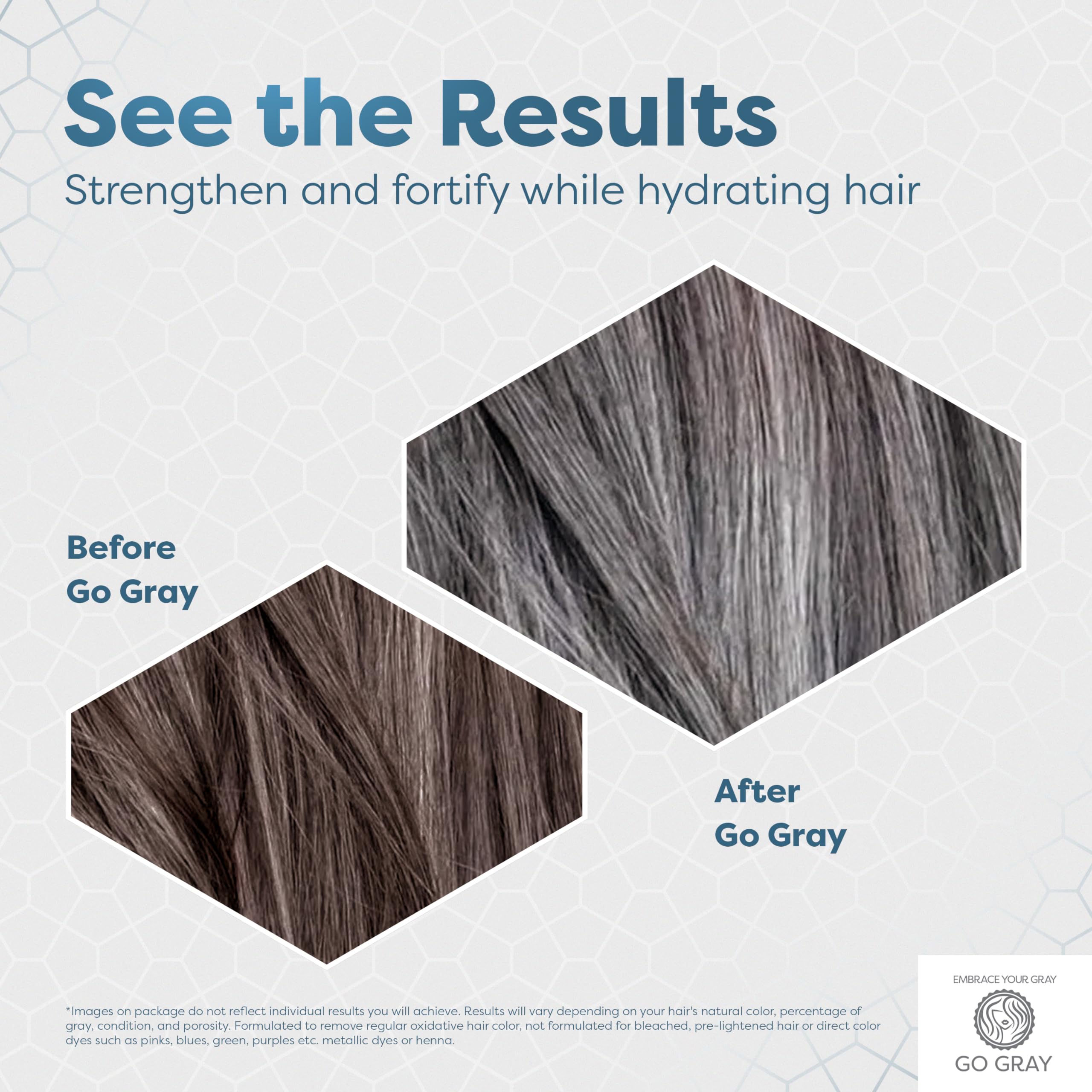 Go Gray conditioner application closeup shows smoothing and moisture for softer grow-out.
