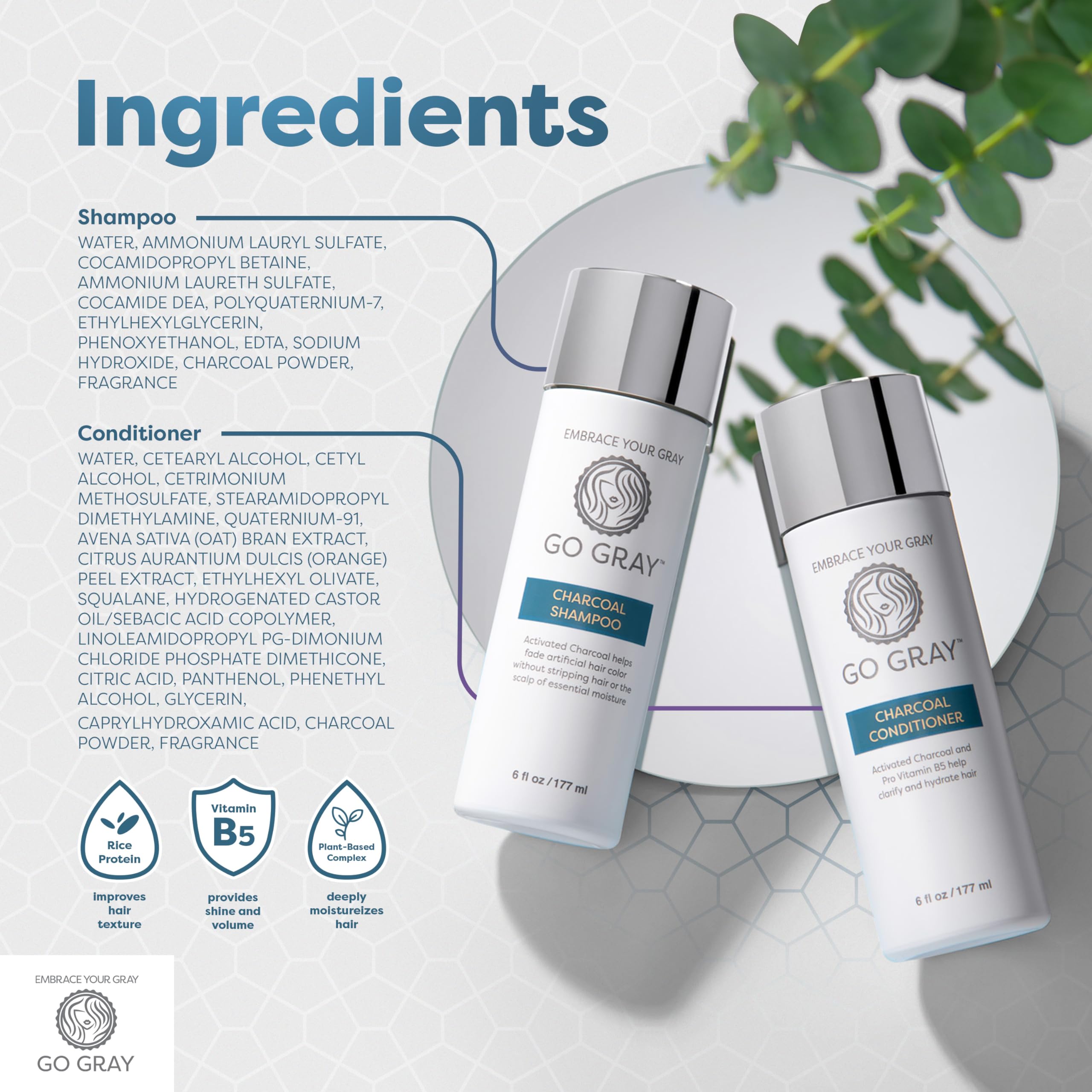 Go Gray packaging with charcoal graphic communicates detoxifying cleanse and scalp refresh.