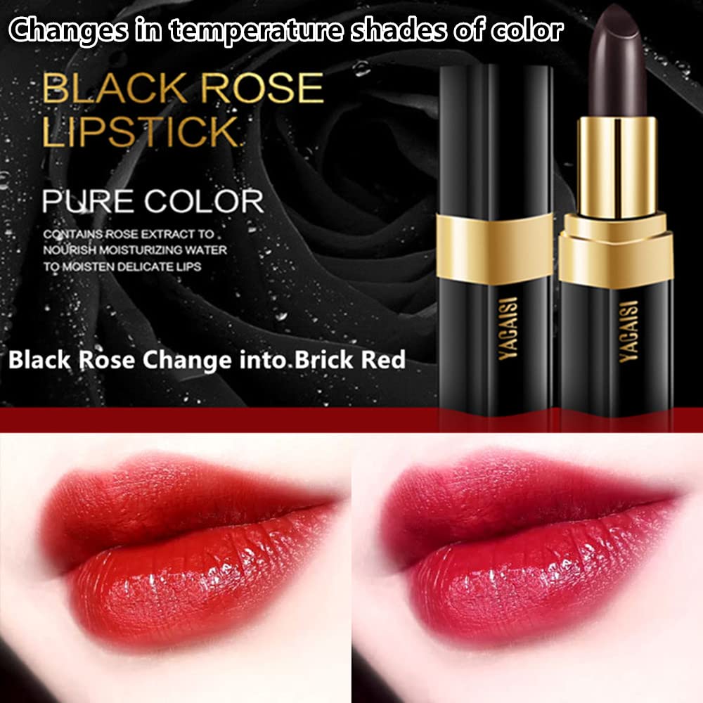 Go Ho Black Lipstick on lips showing warm-to-cool shade shift for a dynamic look.