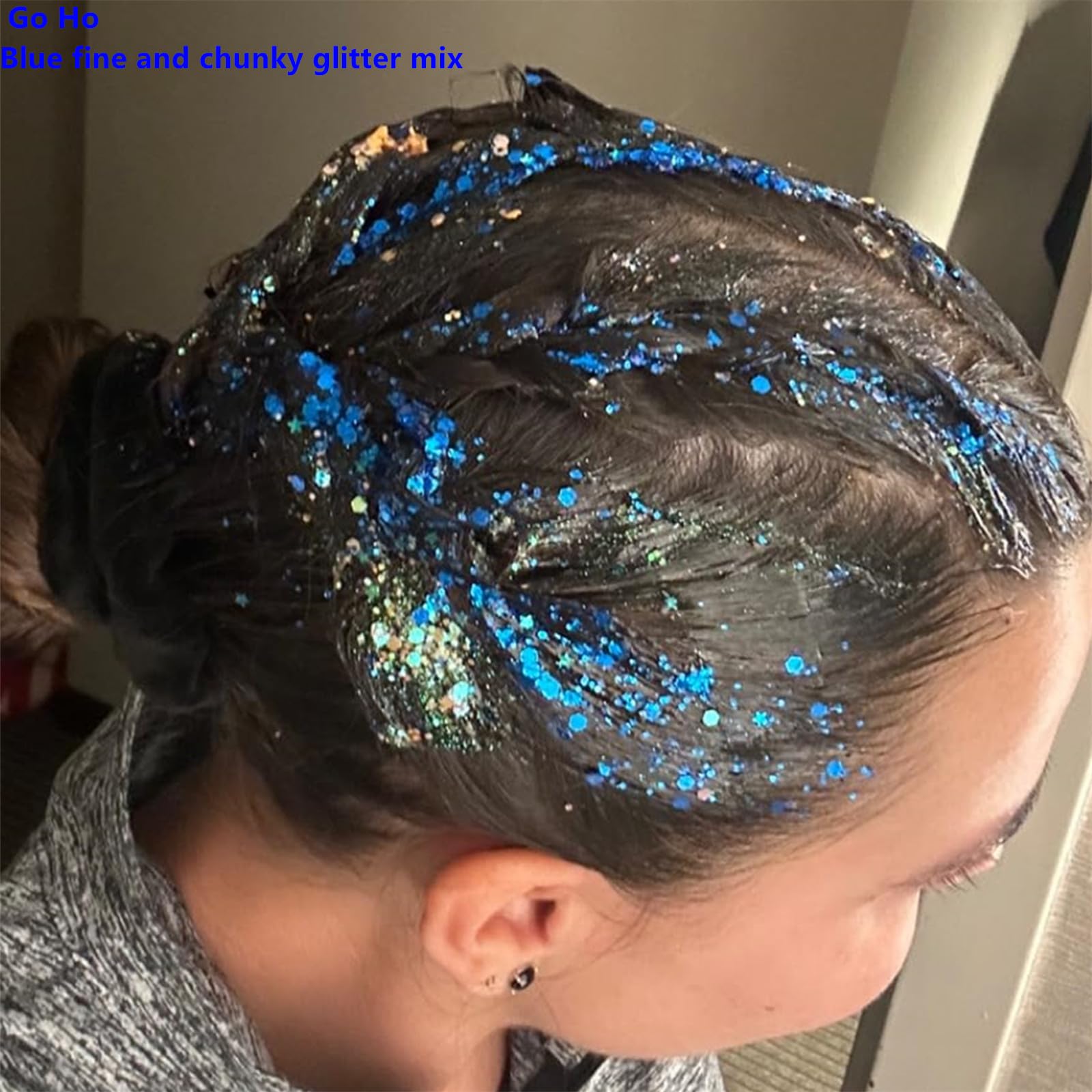 Go Ho Blue Face Glitter on body delivers all-over sparkle.