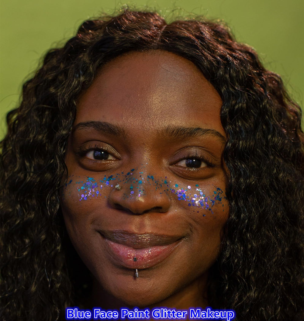 Go Ho Blue Face Glitter applied on cheek for radiant festival sparkle and color.