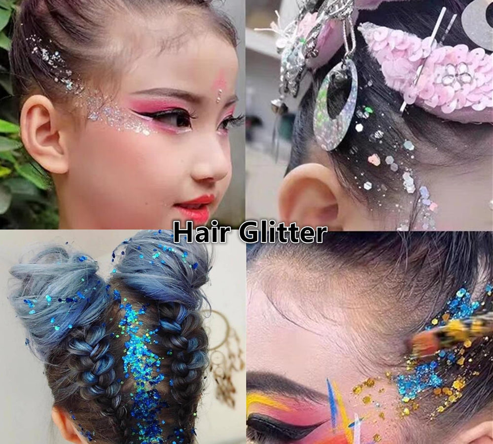 Go Ho Blue Face Glitter on eyelid enhances eye look with shimmer.