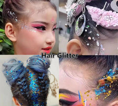 Go Ho Blue Face Glitter on eyelid enhances eye look with shimmer.