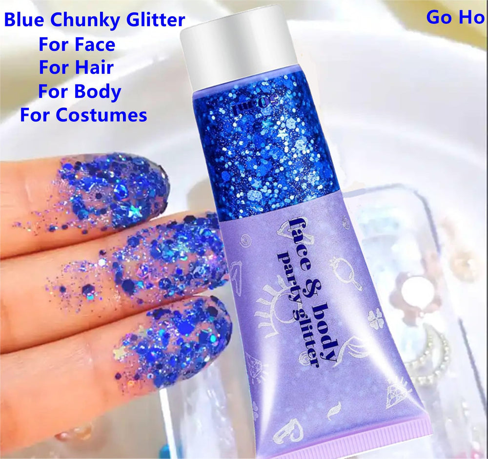 Go Ho Blue Face Glitter on hair creates iridescent accents.