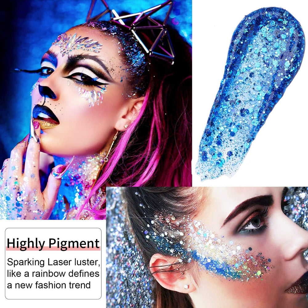 Go Ho Blue Face Glitter on lips adds bold, sparkly finish.