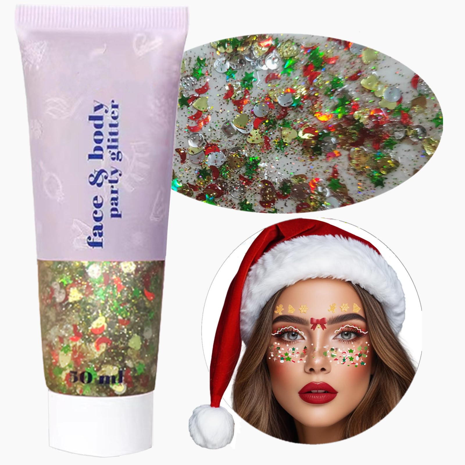 Go Ho Christmas glitter gel on face for radiant holiday sparkle