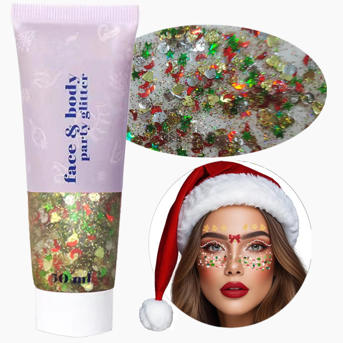 Go Ho Christmas glitter gel on face for radiant holiday sparkle