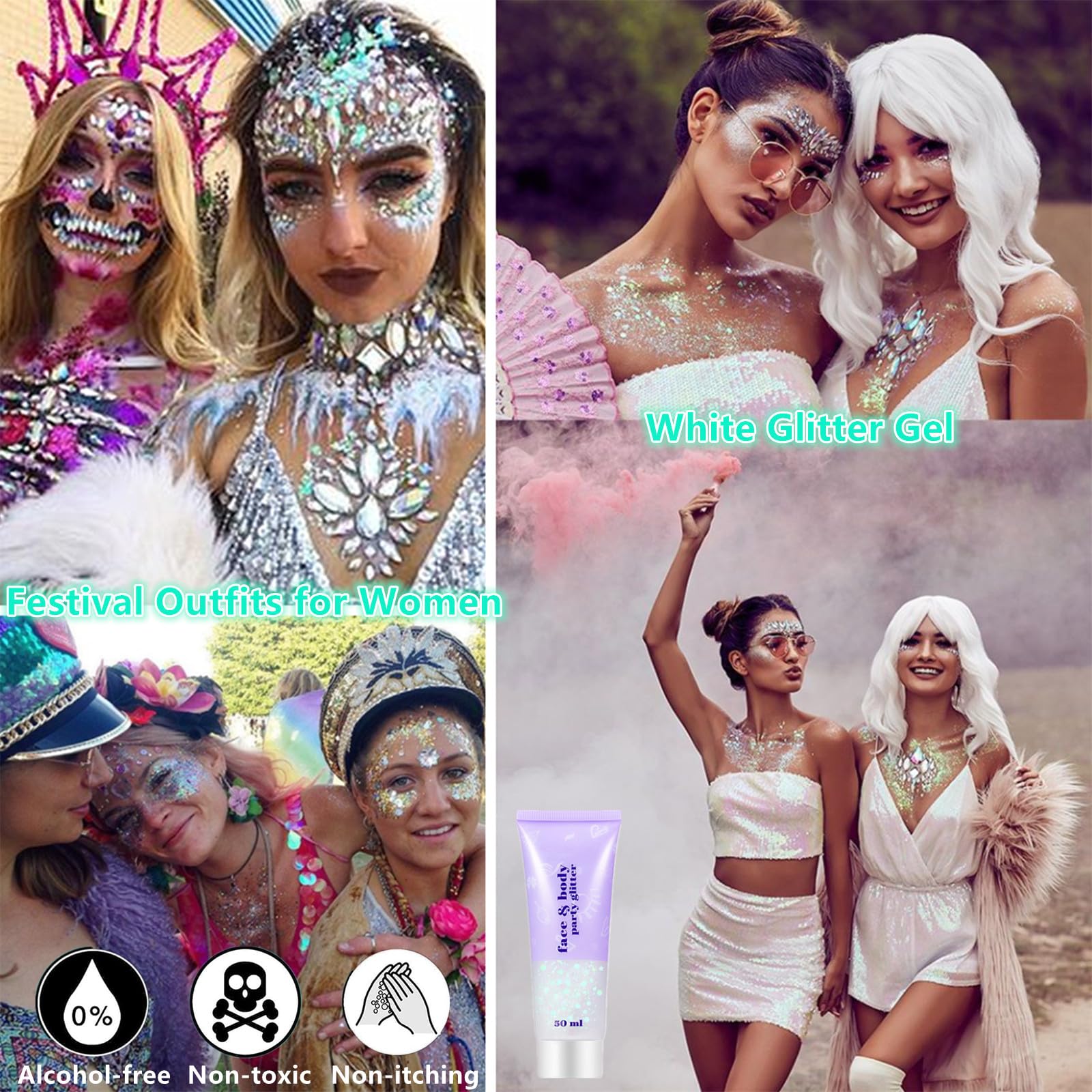 Go Ho Clear White Glitter Body for radiant night-out sparkle and photos.