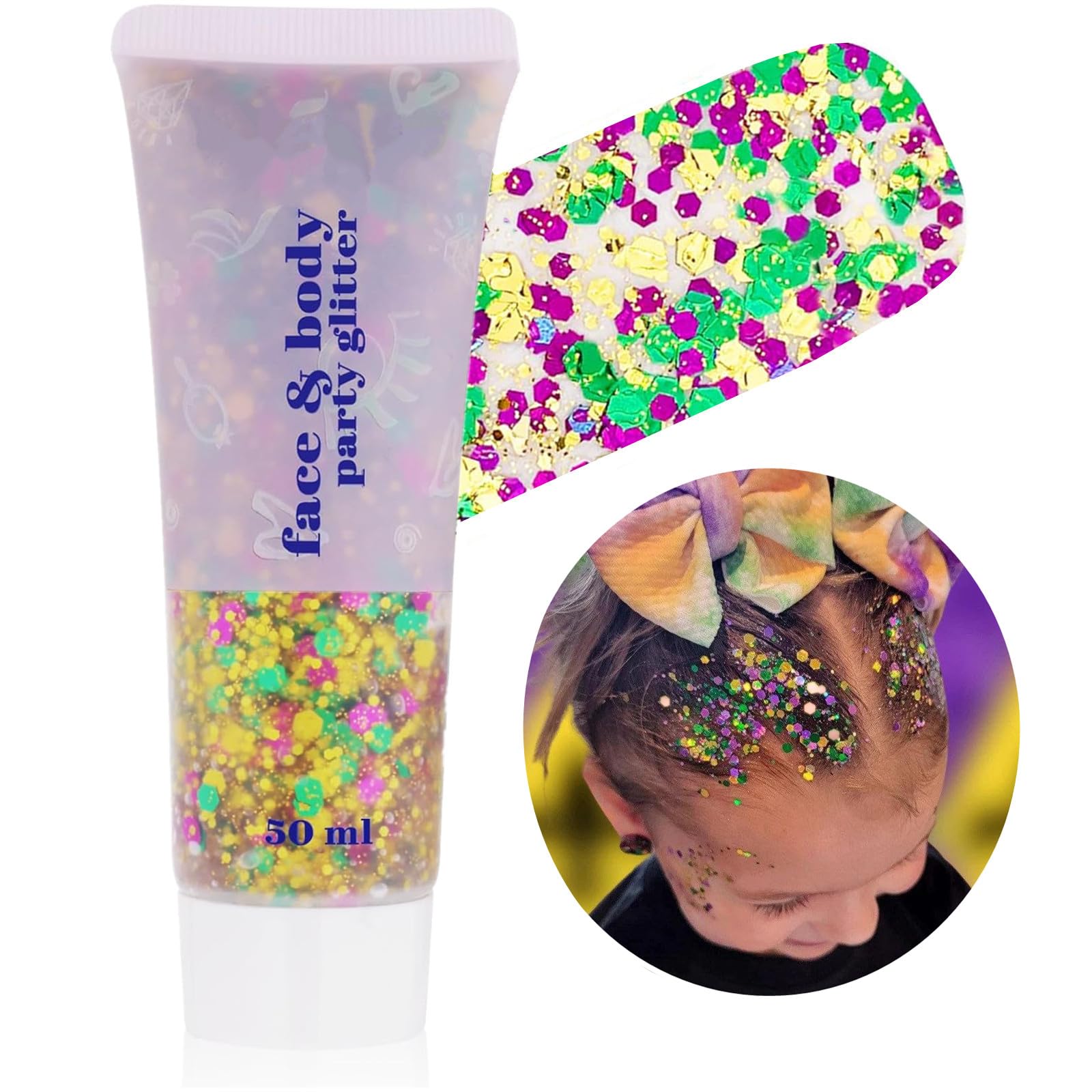 Go Ho face body glitter gel with Mardi Gras sparkle for skin and hair.