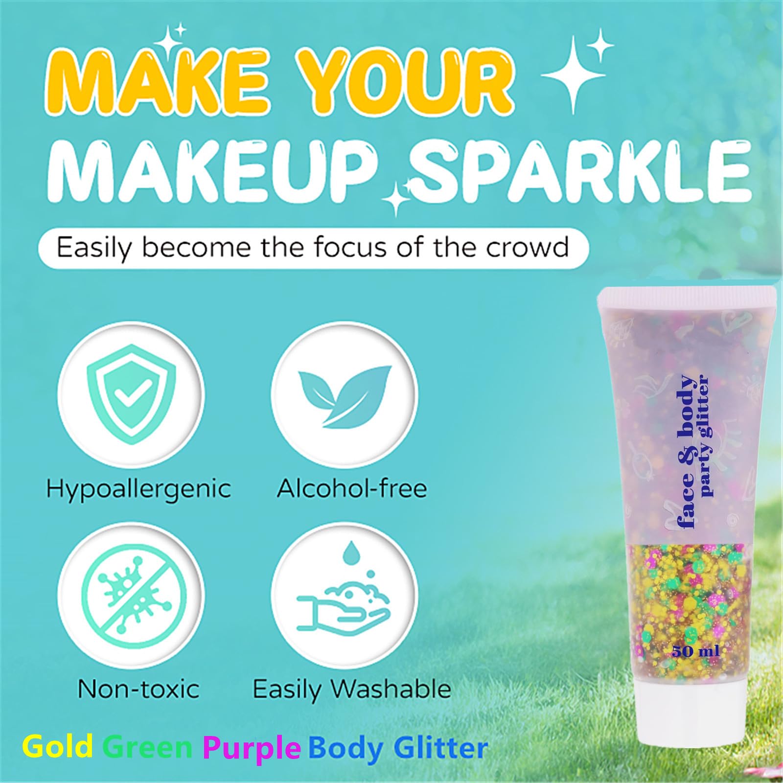 Go Ho glitter on hair and face creates vibrant festival looks.