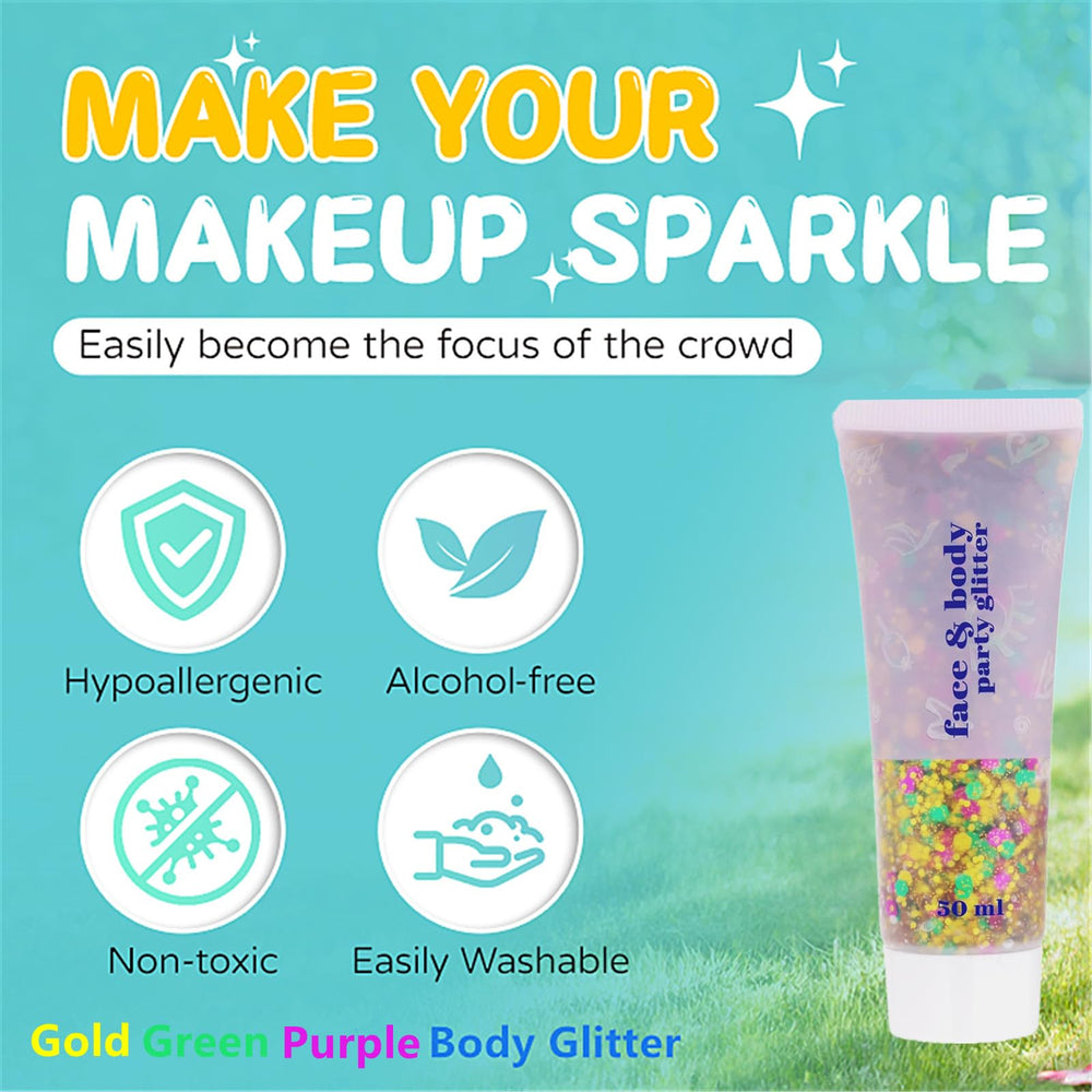 Go Ho glitter on hair and face creates vibrant festival looks.