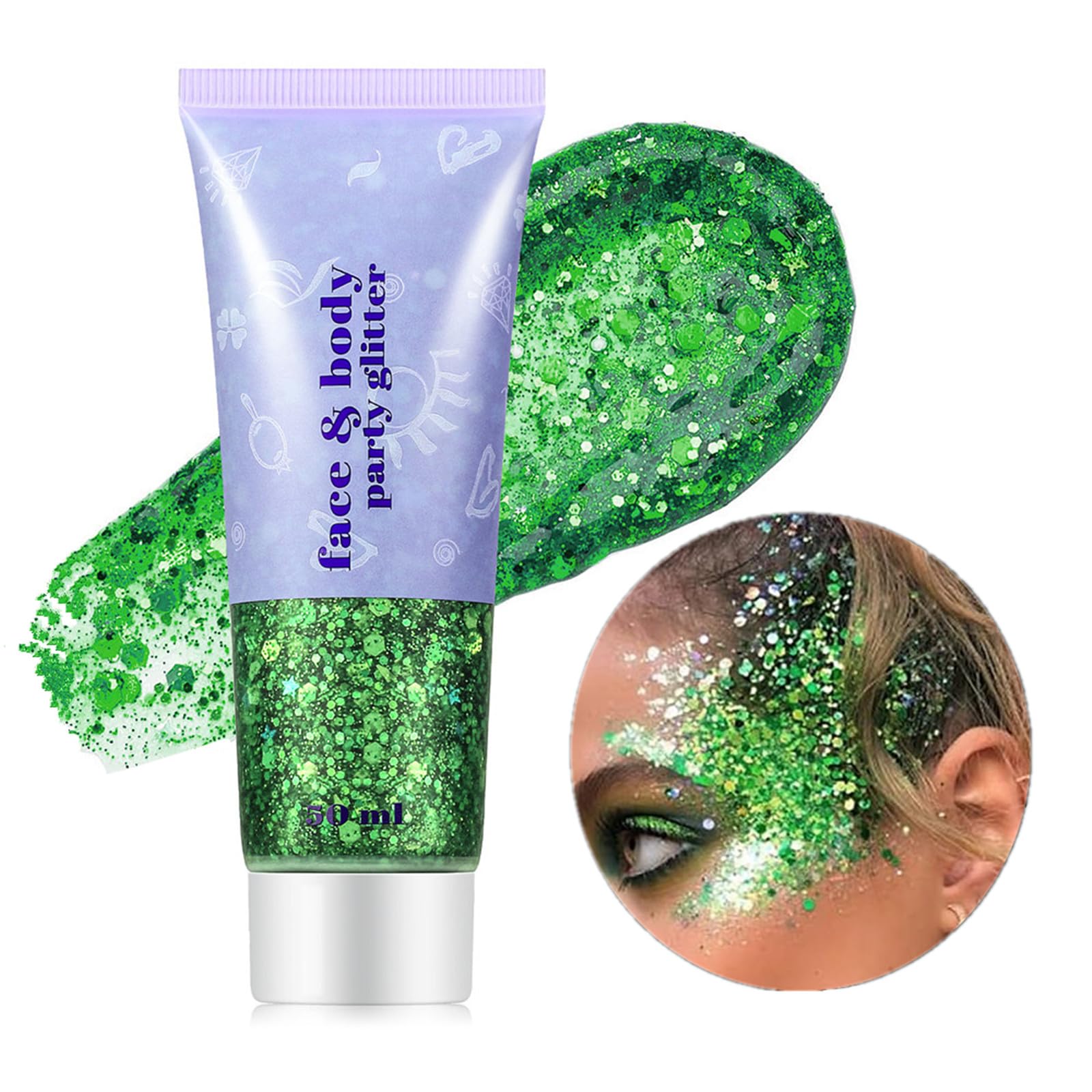 Go Ho Green Face Body Glitter jar close-up reveals holographic chunky sequins.