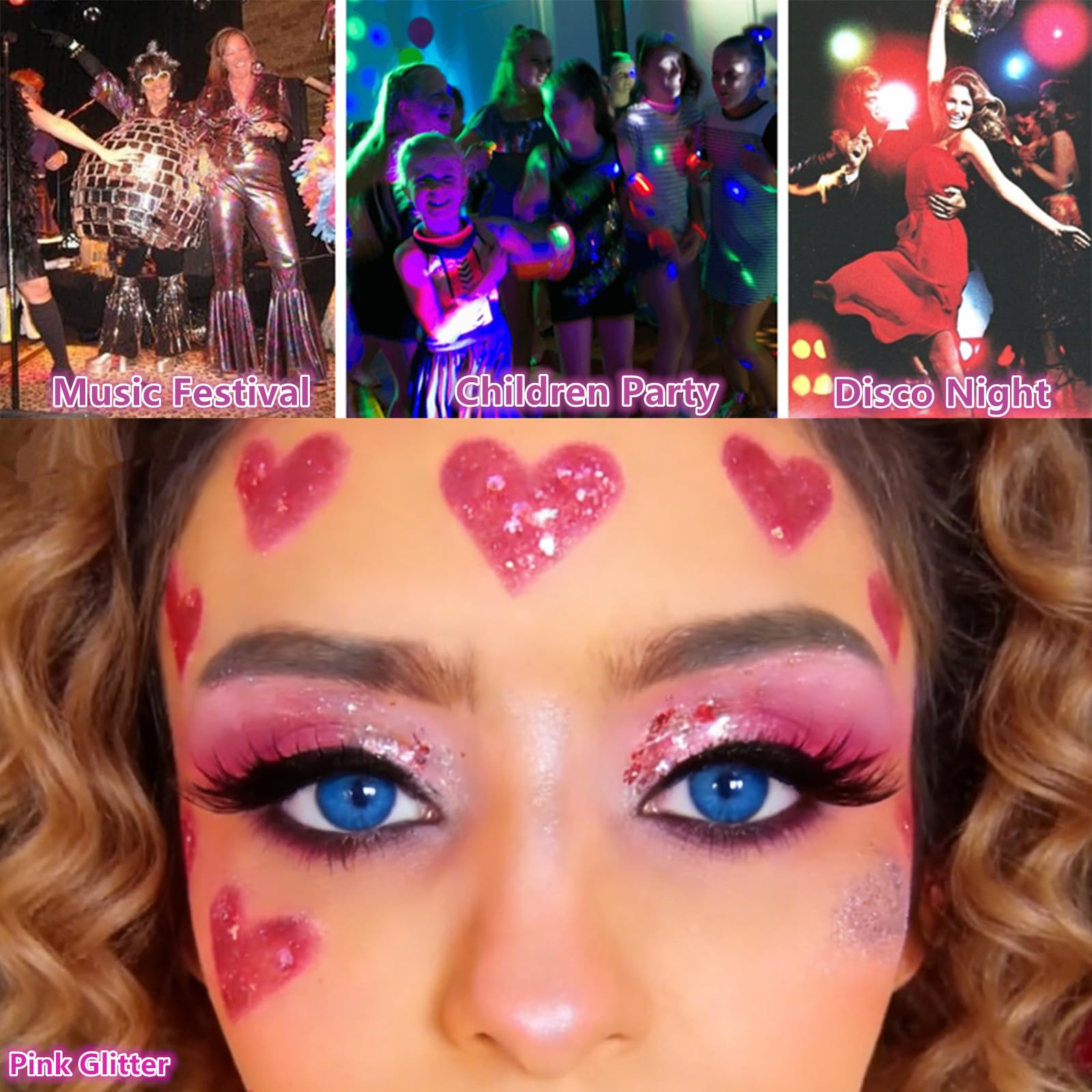 Go Ho long-lasting pink glitter makeup stays vibrant through nights.
