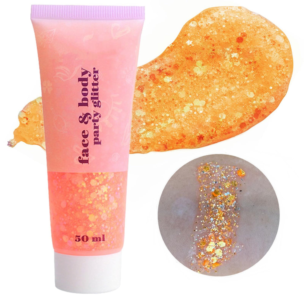 Go Ho Orange Face Glitter Gel creates vivid holographic sparkle on the face.