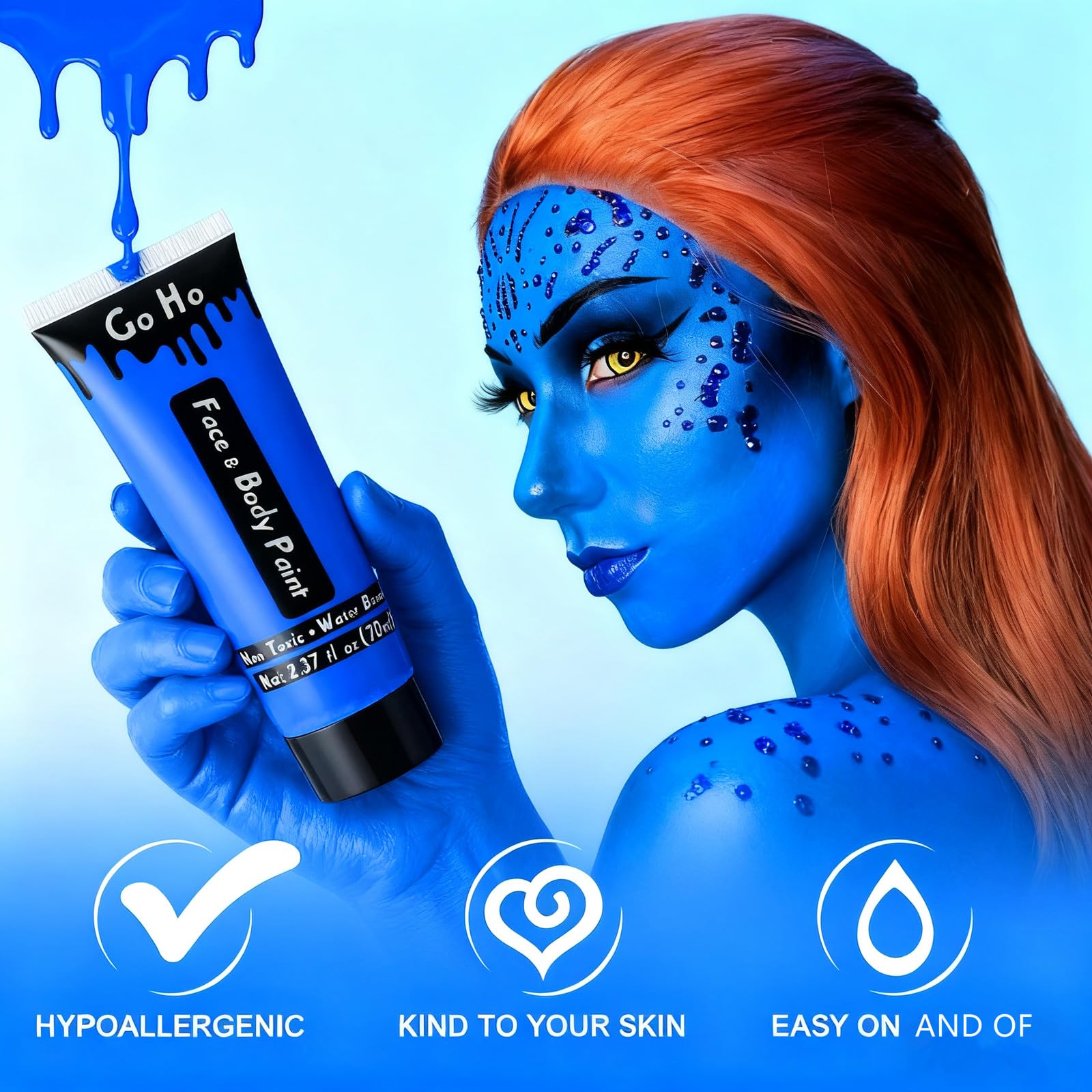 Go Ho Royal Blue face paint application on brush for precise accents.