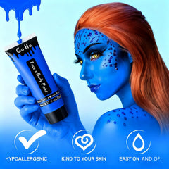 Go Ho Royal Blue face paint application on brush for precise accents.
