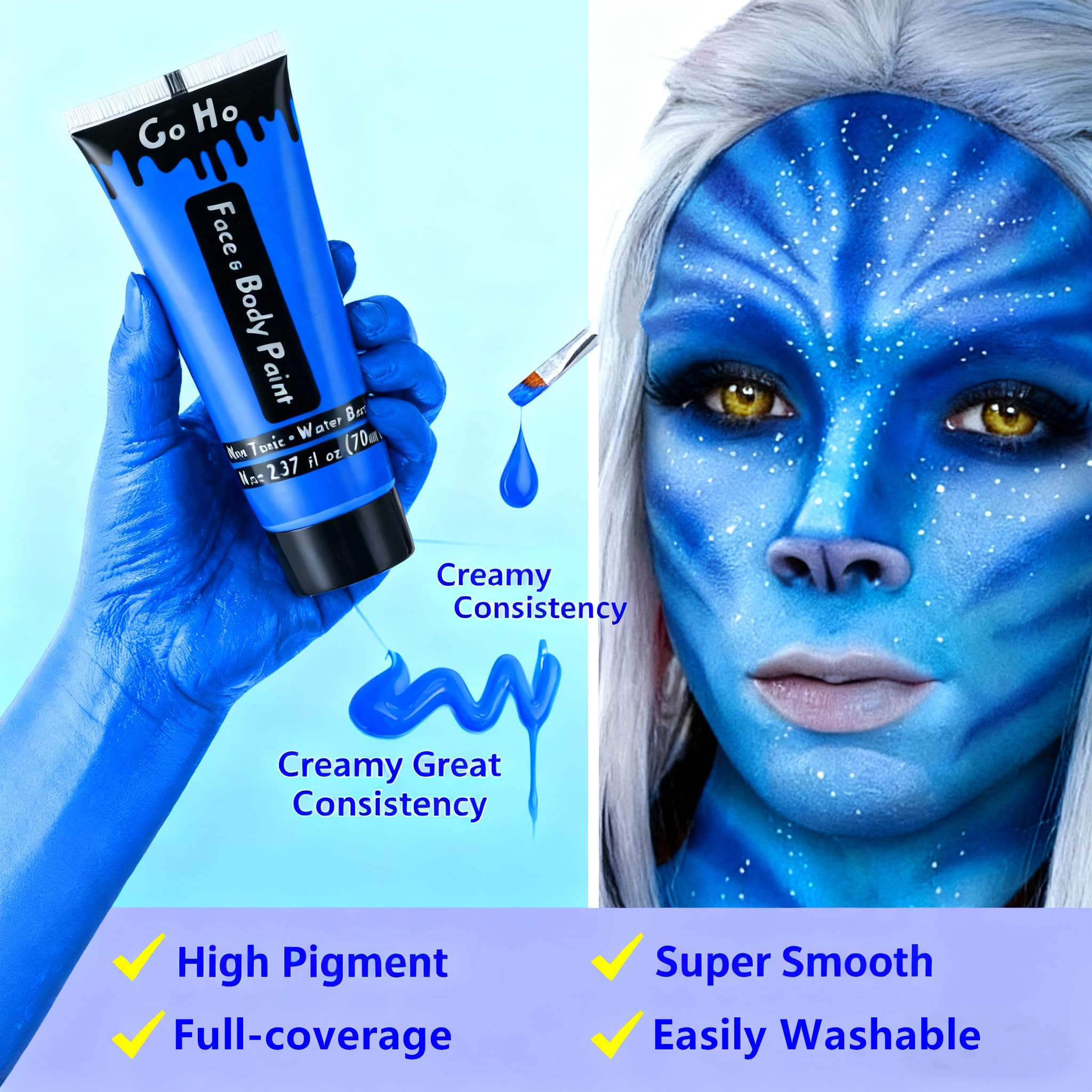 Go Ho Royal Blue face paint applied on skin for vibrant cosplay looks.