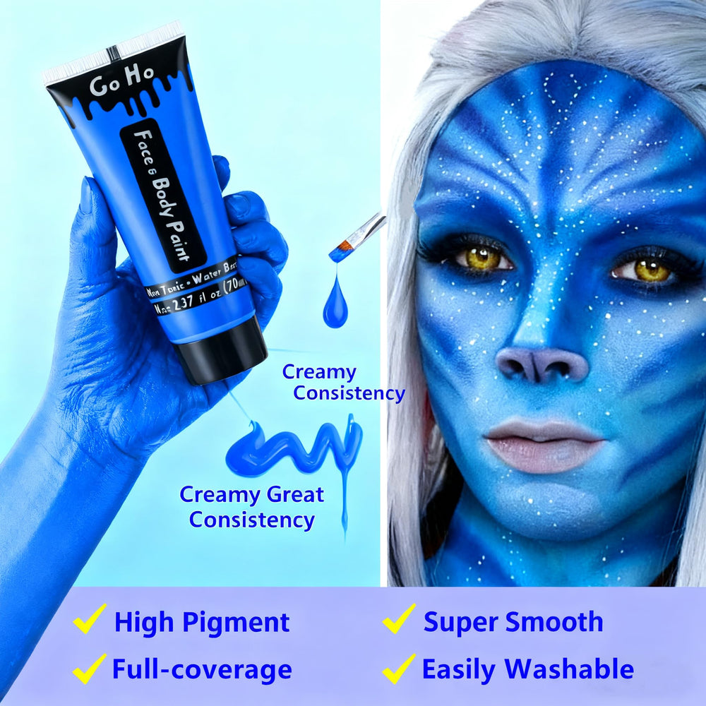 Go Ho Royal Blue face paint applied on skin for vibrant cosplay looks.