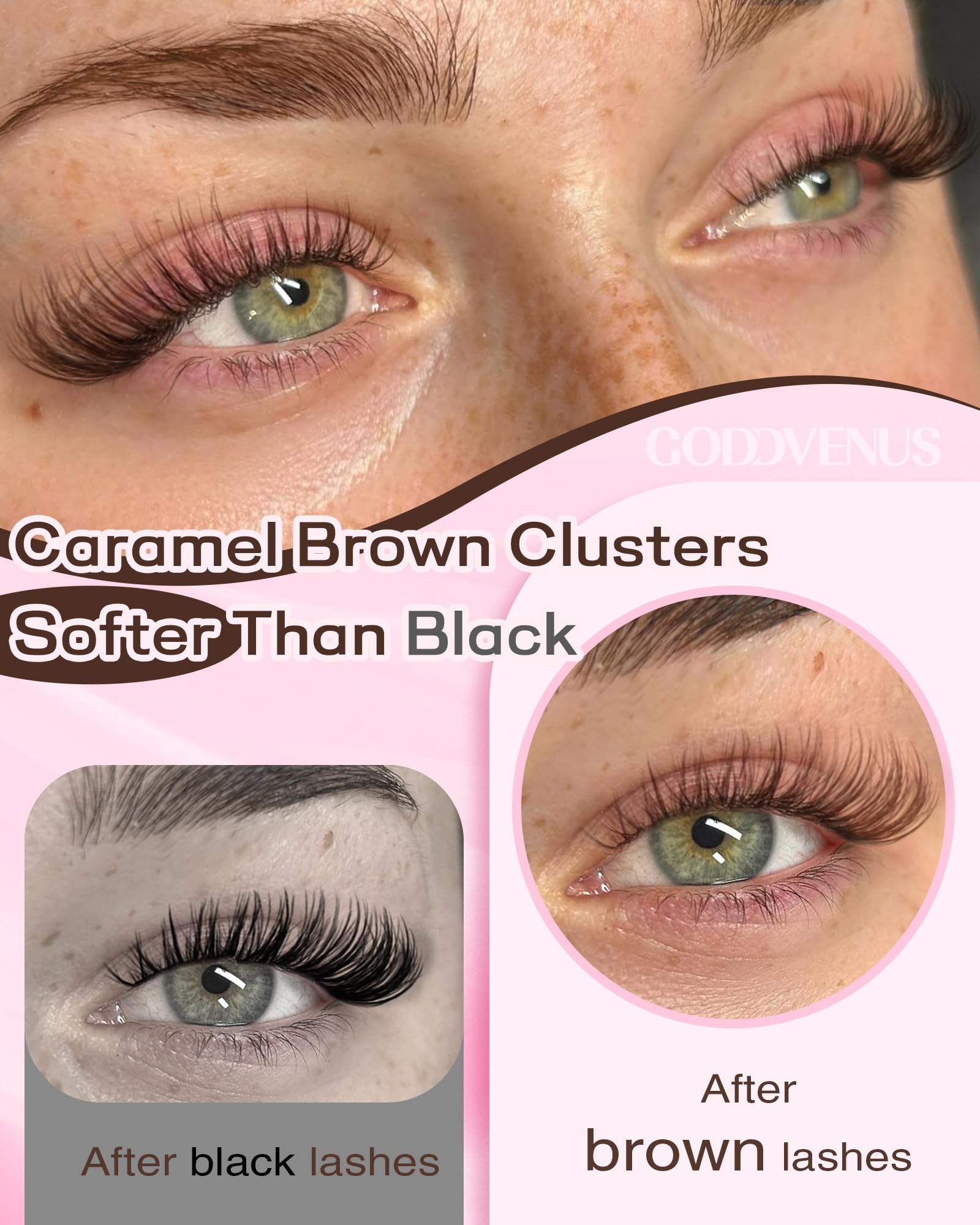 Goddvenus brown lash clusters with fish-tail design for seamless blending.