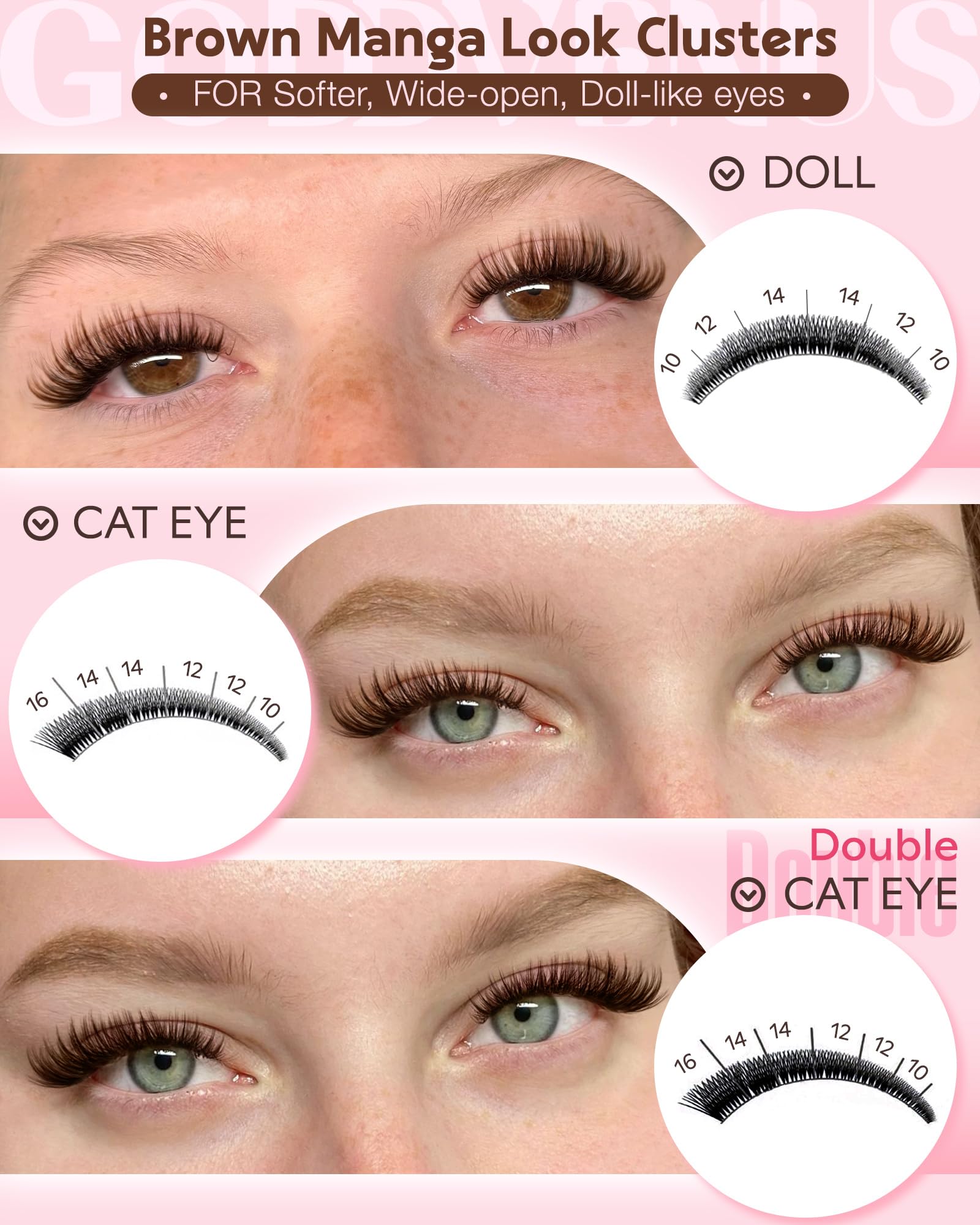Goddvenus doll-eyed look with manga-inspired clusters on eyes