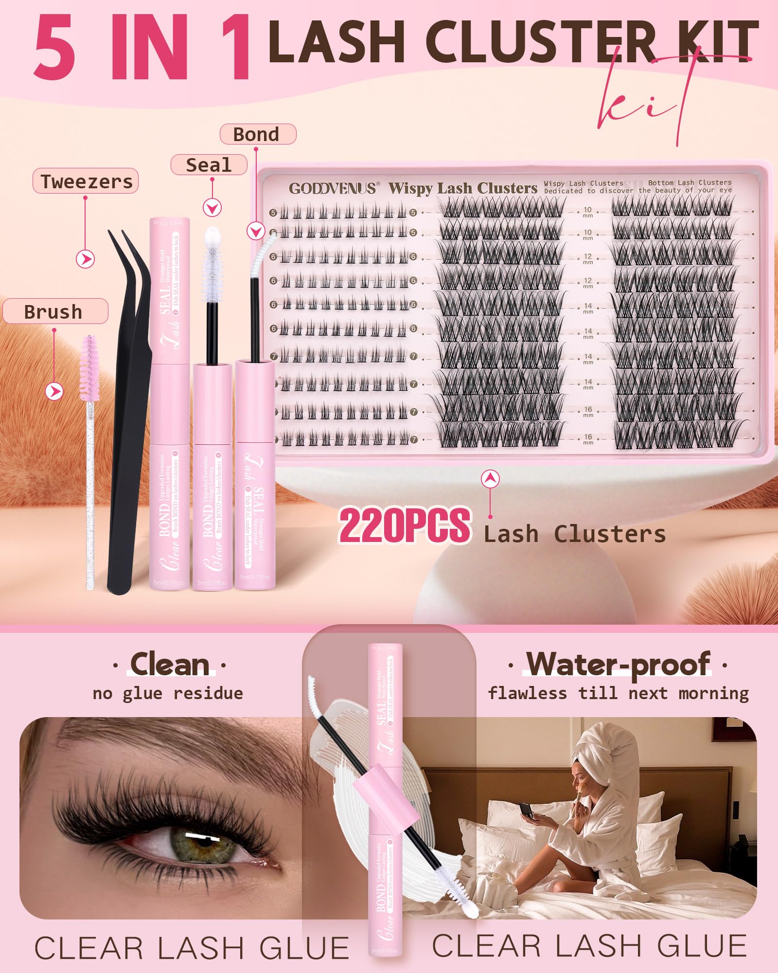 Goddvenus lash clusters kit open reveals 220 pieces for customizable lashes.