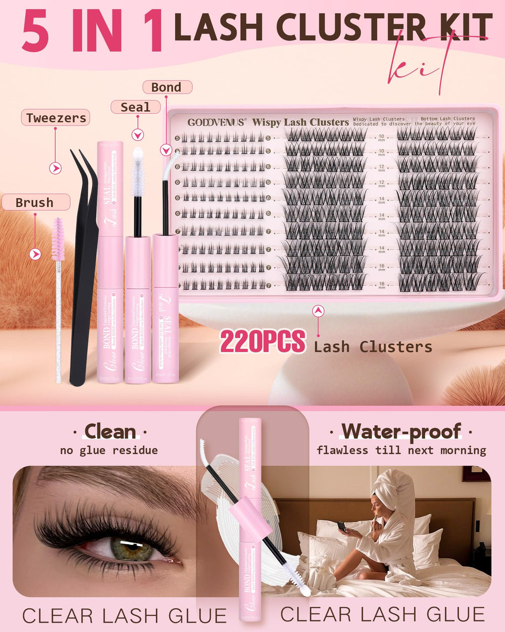 Goddvenus lash clusters kit open reveals 220 pieces for customizable lashes.