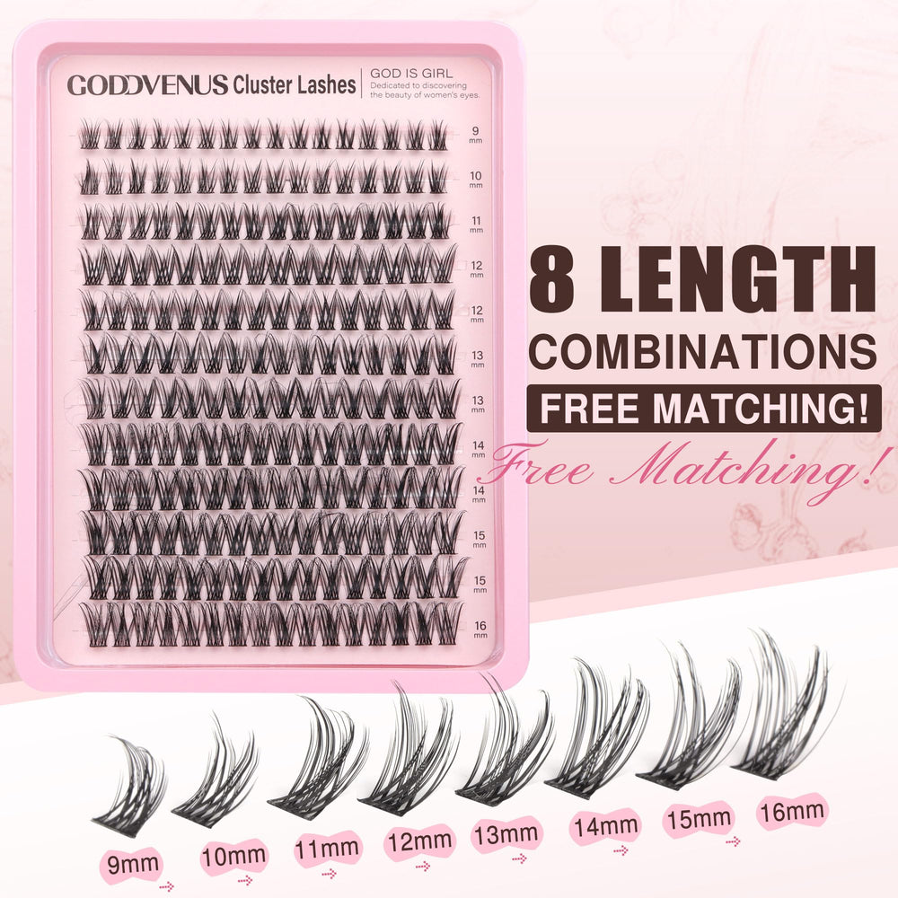 Goddvenus lash clusters natural look with varied sizes for versatile styles.