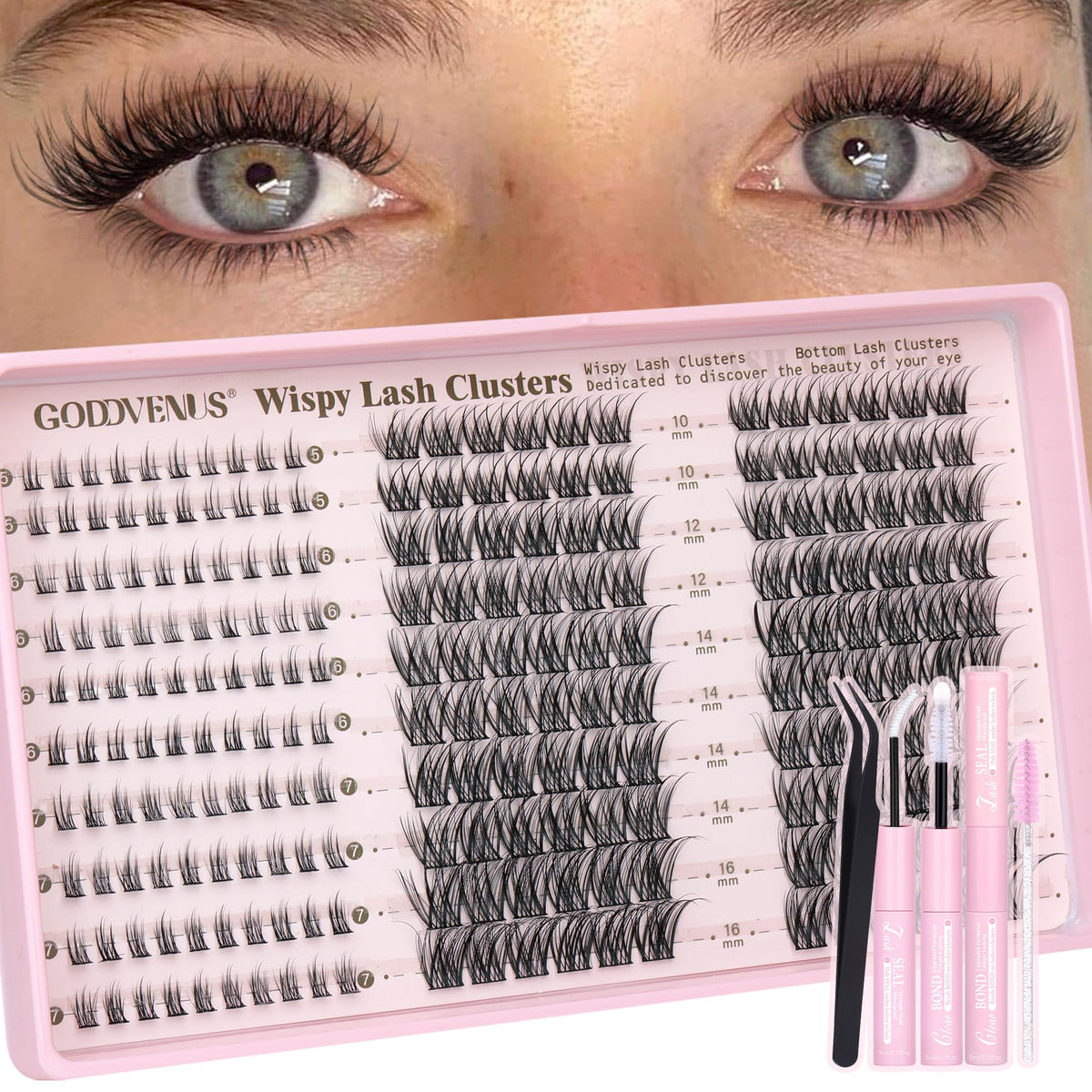 Goddvenus lash clusters top view showcases the wide-eyed effect for everyday glamour.