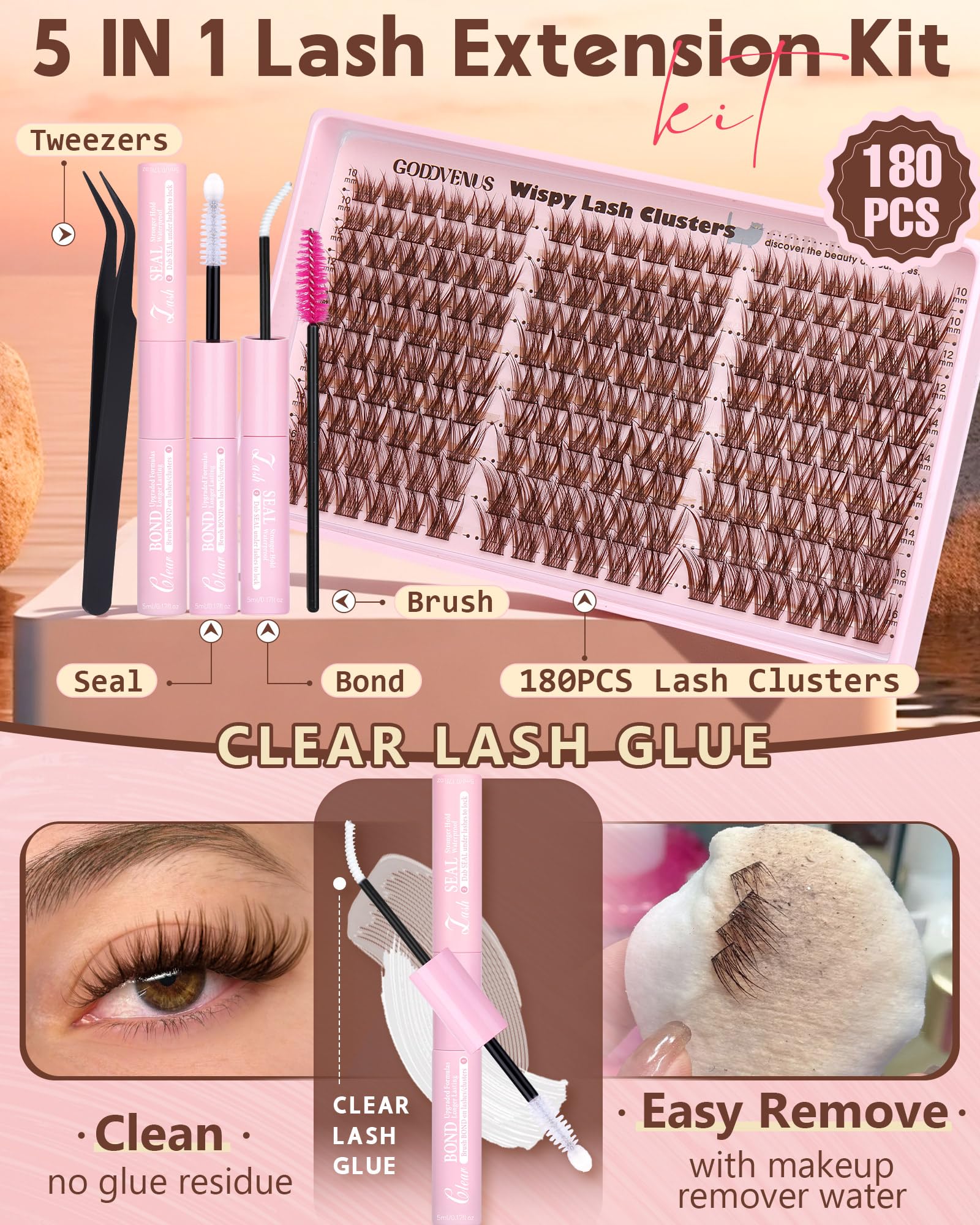 Goddvenus Waterproof lash cluster glue dries clear for secure wear.