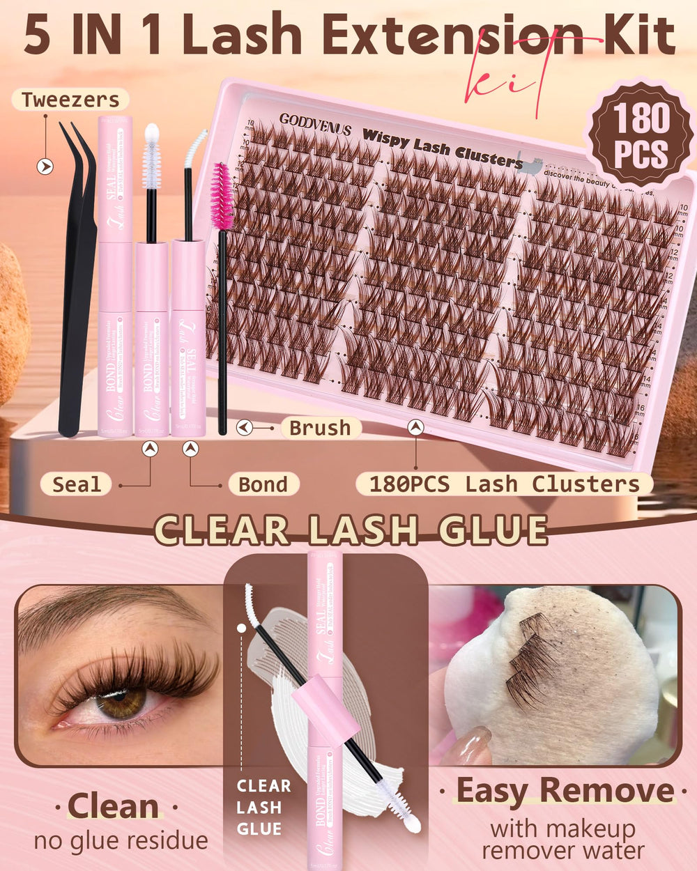 Goddvenus Waterproof lash cluster glue dries clear for secure wear.