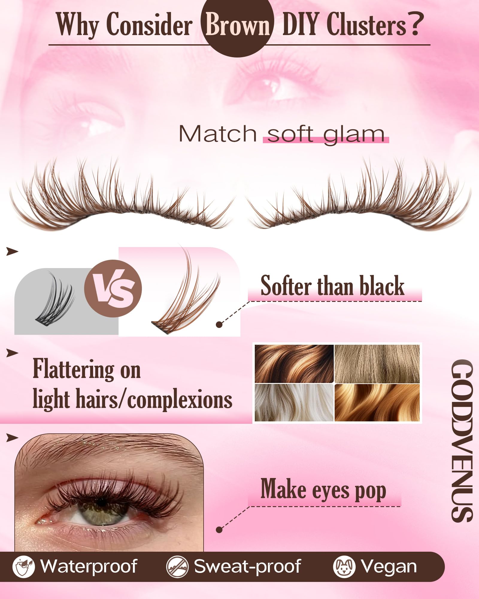 Goddvenus waterproof lash clusters stay put in humid conditions.