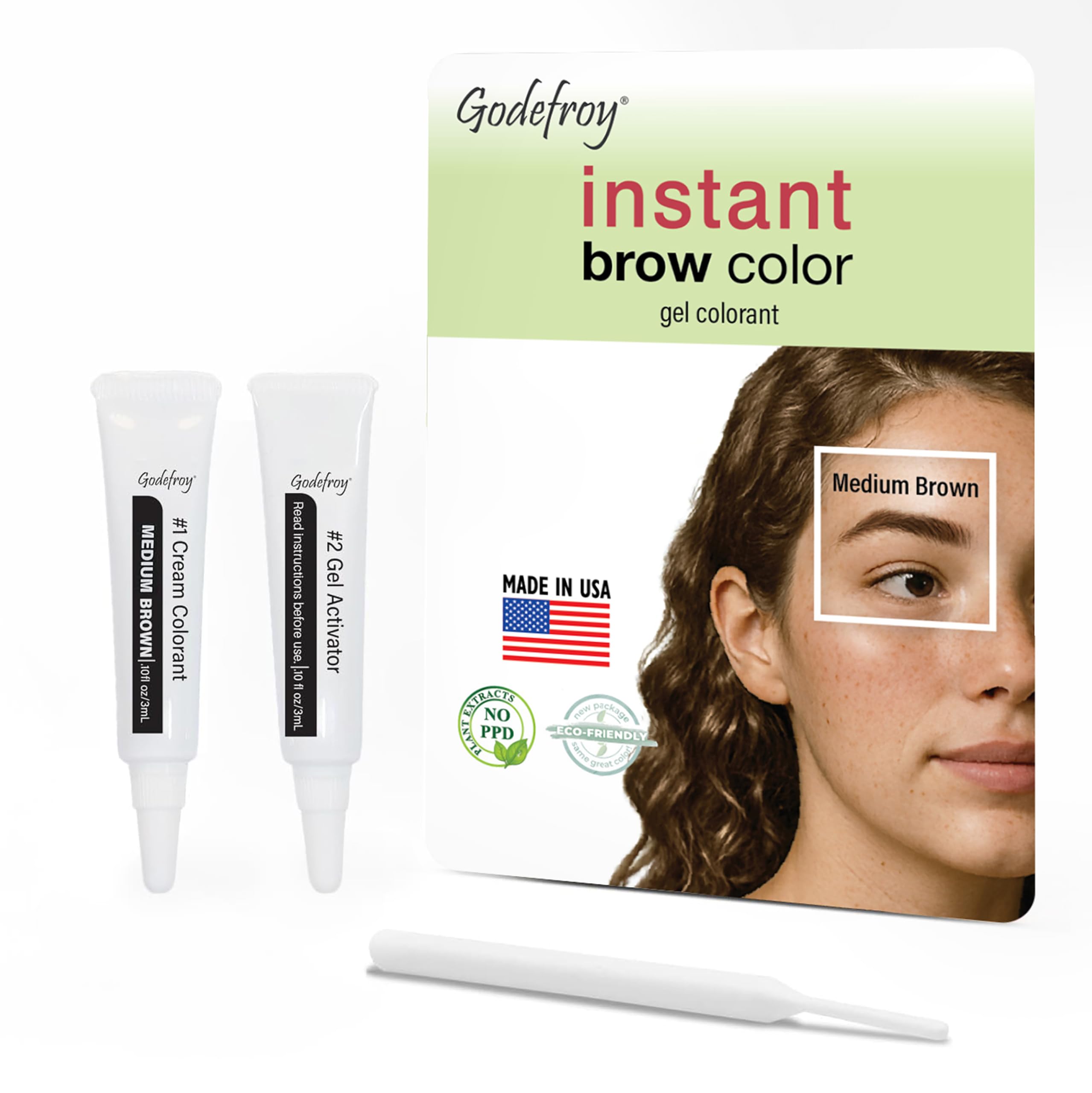 Godefroy fast-acting brow color 12-applications kit offers quick, mess-free brow tinting.