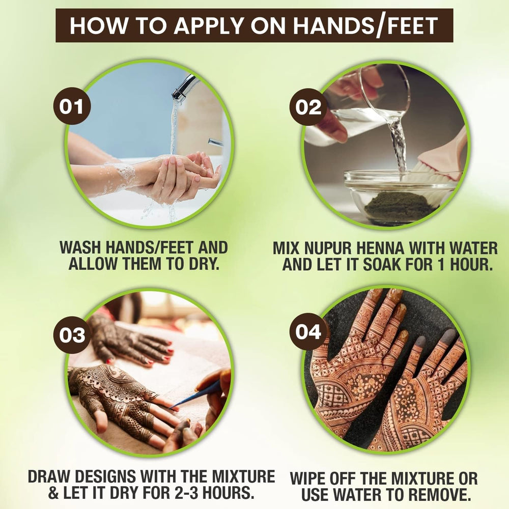 Application scene shows henna being applied evenly on hair.