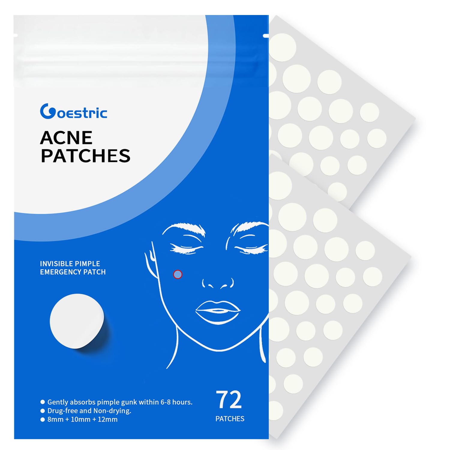 GOESTRIC pimple patches 8mm size applied for discreet blemish coverage and absorption.