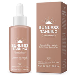 GOGIFTGO tanning drops bottle closeup showing natural ingredients for a gradual bronze glow.