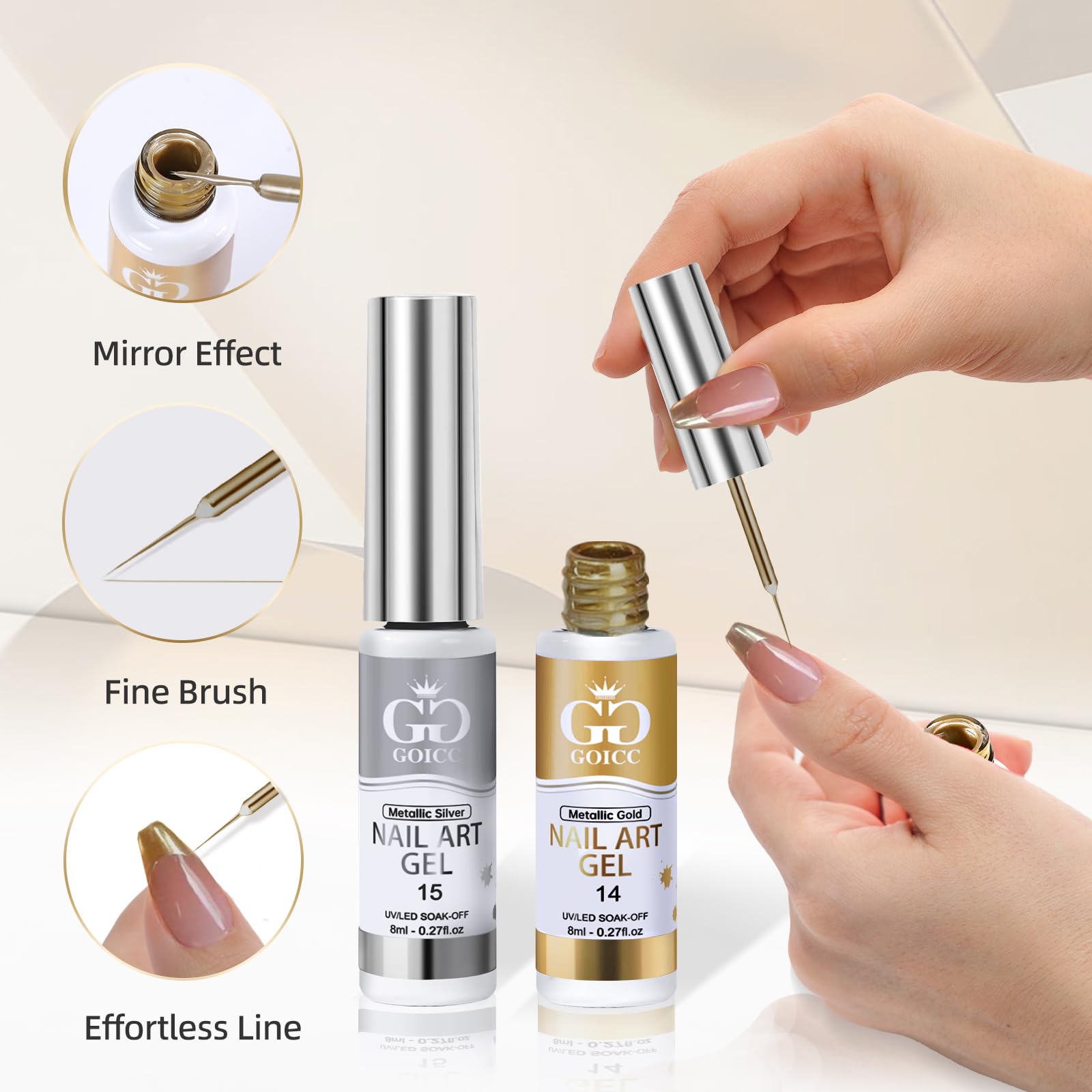 3D mirror chrome nail art design with GOICC metallic gel liner