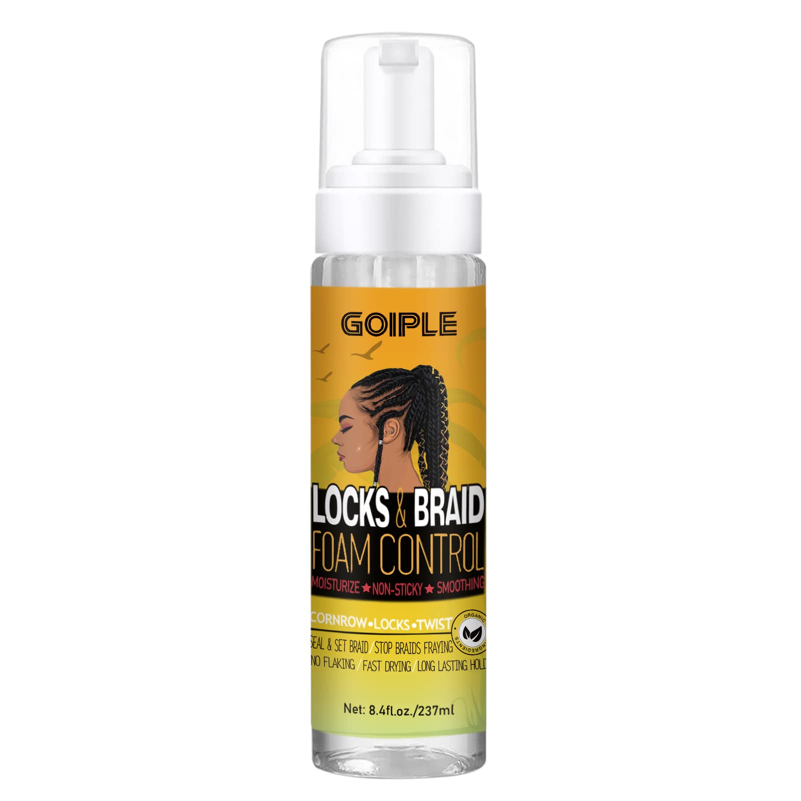 Goiple Braid Foam bottle showing long-lasting hold and moisture protection for braids.